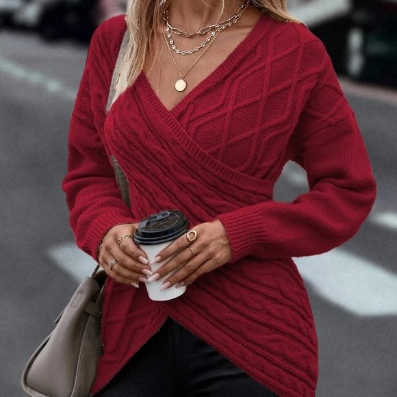 Red Casual Womens Wrap Cross Drop Shoulder Cable Knit Sweater - Picture 4 of 5